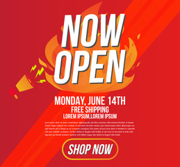 Now open shop or new store red and orange color fire sign on black background.Template design for opening event.Can be used for poster ,flyer , banner.