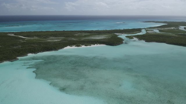 Tropical Island Landscape of the Bahamas, Aerial Drone Pan