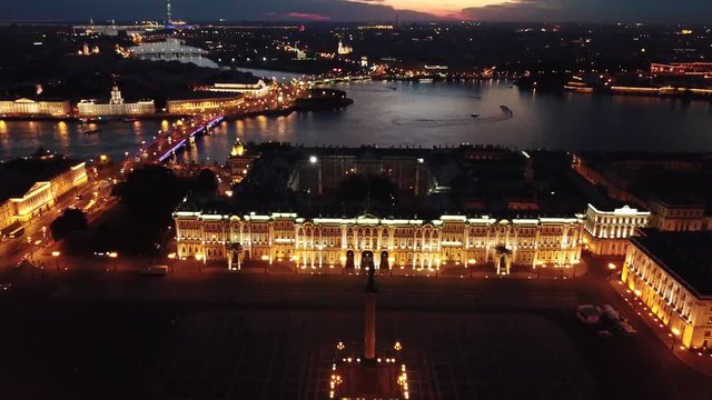 St. Petersburg, Russia. White Night Aerial View of Hermitage Museum, Palace Bridge and Neva River With Amazing Skyline