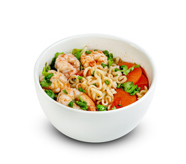 Tom Yum kung with instant noodles and shrimp isolated on white background ,include clipping path