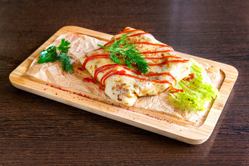 Close-up delicious pancakes, homemade pancakes,  on a rusty background. With copy space