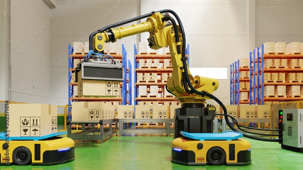 Poster factory automation with agv and robotic arm in transportation to increase transport more with safety