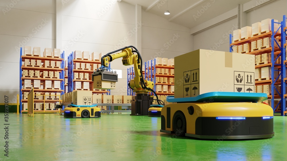 Poster factory automation with agv and robotic arm in transportation to increase transport more with safety