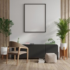 Mock up poster frame on cabinet in interior.