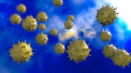 Fototapeta na wymiar Yellow Virus, flu, view of a virus under a microscope, infectious disease. 3D illustration. 3D high quality rendering. 3D CG.