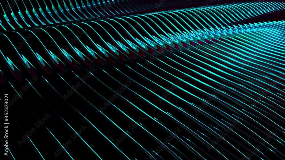 Poster 3d rendering of wavy colorful glossy lines. computer generated corrugated surface. dark neon backdro