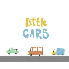 Little cars of hand drawn childish lettering text for baby boy t-shirt, card design. Cute cartoon kids style vector illustration.