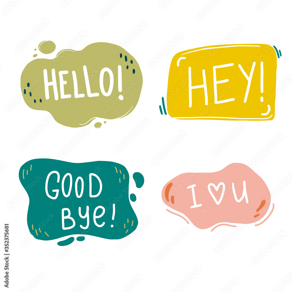 Aufkleber hand drawn set of speech bubbles with dialog text. comic doodle sketch style. text and speech balloo