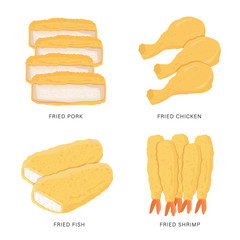 Set of Fried food isolated on white background. Cartoon Vector illustration