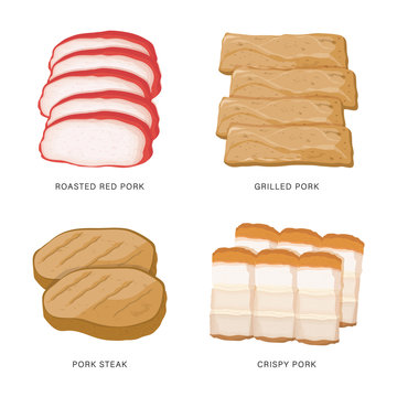 Set of Pork slice food isolated on white background. Cartoon Vector illustration