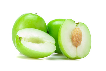 Fresh green jujube fruits, Delicious Chinese jujube fruits with slice isolated on white background. The file includes a clipping path easy to use. Close-up.