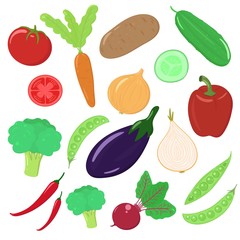 Vegetables cartoon icon set. Healthy and wholesome food concept.  Organic products for vegans and vegetarians. Illustration in flat style for poster, banner. Isolated on white background. 