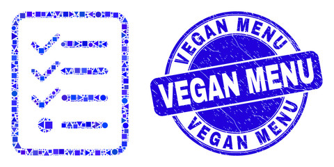 Geometric items list page mosaic icon and Vegan Menu seal. Blue vector round distress seal stamp with Vegan Menu message. Abstract mosaic of items list page composed of circle, triangles,
