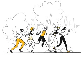 Fototapeta premium Athletes running marathon. Group of active people jogging in park flat illustration. Activity, healthy lifestyle, morning exercise concept for banner, website design or landing web page