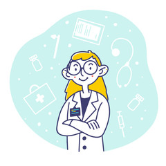 Medical professional in white coat and glasses. Doctor, physician, badge flat illustration. Medicine, occupation, healthcare concept for banner, website design or landing web page