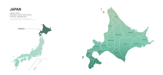 hokkaido map. japan provinces map. vector map of japanese rigion. - obrazy, fototapety, plakaty