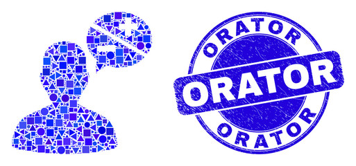 Geometric person arguments mosaic icon and Orator seal stamp. Blue vector rounded grunge stamp with Orator title. Abstract mosaic of person arguments composed of round, tringle,