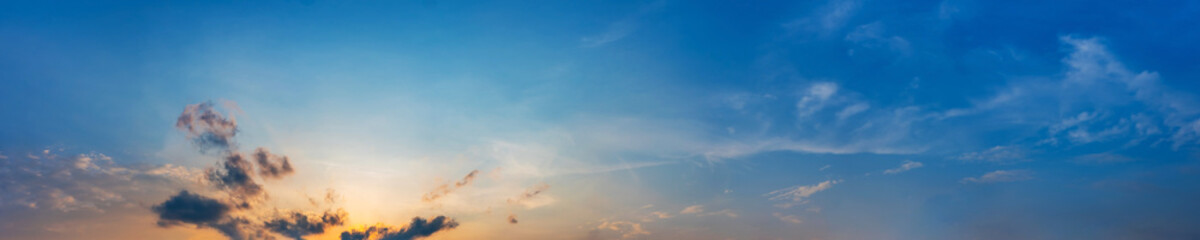 Twilight panorama sky background with colorful cloud in dusk. Panoramic image.