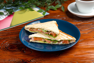 Sandwich with meat, cheese and fresh vegetables, closed, on wooden background