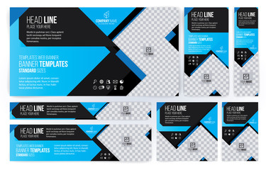 Blue and Black Web banners templates, standard sizes with space for photo, modern design