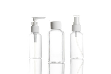 Blank bottle for soap shampoo and mineral cosmetic. Clear plastic cap for sanitizer gel or water...