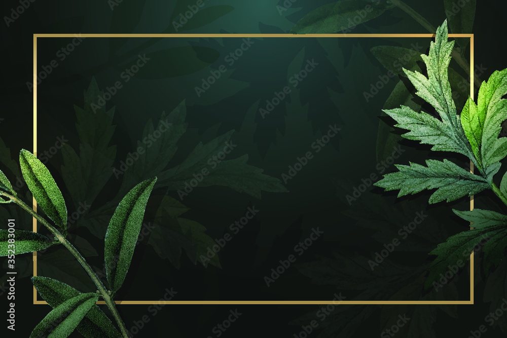Poster a gold frame on foliage pattern background vector