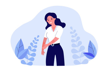 Sad woman scratching skin. Female character suffering from strong eczema or allergy. Vector illustration for disease, dermatology, sickness, symptoms concept