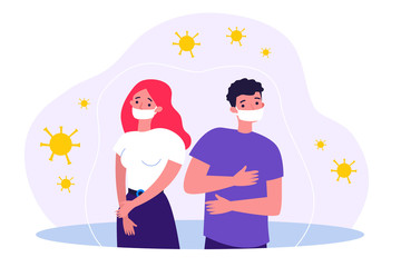 People in anxiety because of coronavirus flat vector illustration. Cartoon man and woman in masks. Wuhan virus and medical warning concept