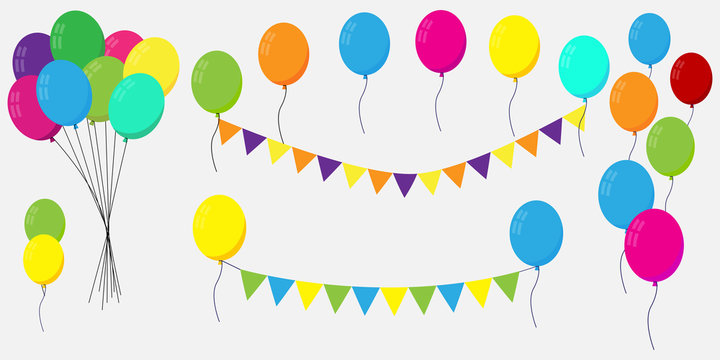 Decorations for a birthday or celebration. Balloons and flags for fun. Vector image. Stock photo.
