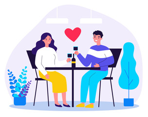 Happy young couple dating in restaurant on Valentines day. Man and woman sitting at table, drinking wine, celebrating anniversary. Vector illustration for relationship, love, romantic dinner concept
