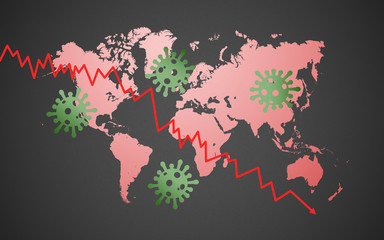 Financial Crisis Economic downturns after coronavirus or covid-19 pandemic. Red arrow pointing downwards with virus around on global map background. Illustration.