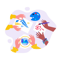 Diverse kids creating craftworks. Hands of children painting, scrapbooking, embroidering. Vector illustration for creative craft art, handmade work, workshop concept