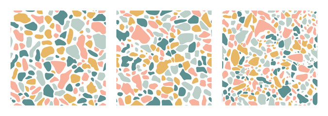 Collection of Terrazzo floor covering seamless pattern in mint, yellow colors. Vector background