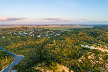 Fototapeta na wymiar Venus Bay township at sunset - aerial view