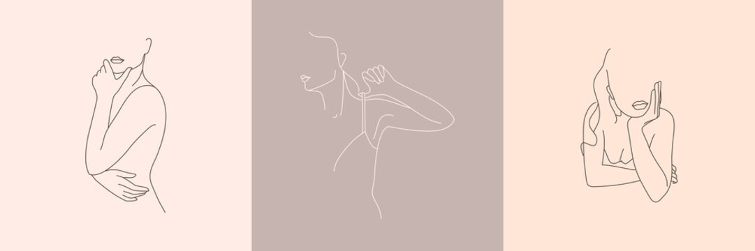Set of Abstract minimalistic female figure in underwear. Vector illustration of the female body in a linear style.