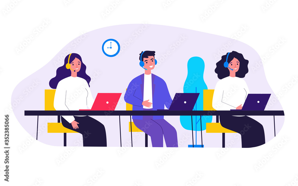 Poster smiling call center operators in office flat vector illustration. cartoon characters with headsets a