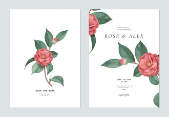Floral wedding invitation card template design, red Semi-double Camellia flowers with leaves on white - 352385805