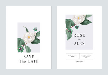 Floral wedding invitation card template design, white Semi-double Camellia flowers with leaves on bright grey