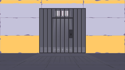Prison cell. A prison cell with a metal grate. Prison in cartoon style. Vector.