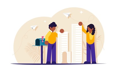 Man with long check for payment stands near mailbox. Modern flat vector illustration