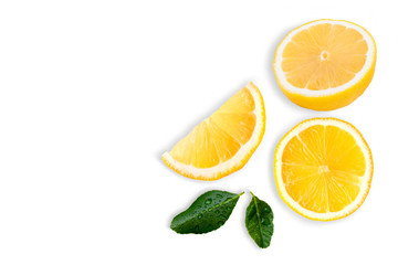 Fototapeta na wymiar Fresh slices of yellow lemon lime fruit with green leaf isolated on white background . Top view. Flat lay.