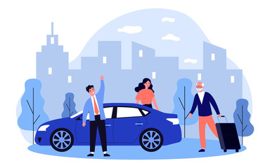 Positive grandpa going on vacation. Old man walking to car and wheeling suitcase flat vector illustration. Car sharing or senior parents support concept for banner, website design or landing web page