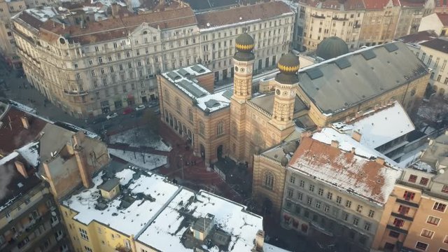Budapest, Hungary- 4K drone shot of the dohany street synagogue in winter time.