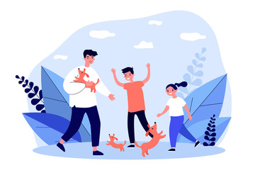 Happy children playing with puppies outside. Siblings, dog owners, pet flat vector illustration. Animal care, outdoor activities, childhood concept for banner, website design or landing web page