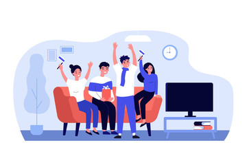 Football fans, championship, leisure at home concept. Group of friends sitting on couch, watching soccer match on TV, supporting national team. Flat vector illustration
