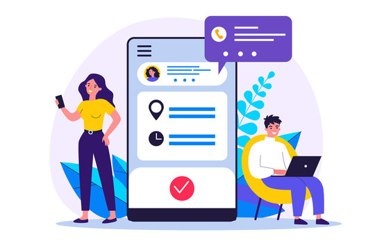 People using appointment business application. Man and woman planning meeting with online app. Vector illustration for internet technology, mobile calendar concept