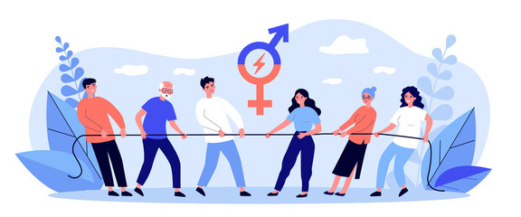 Male and female teams pulling rope. Tug-of-war, competition, different ages and generation flat vector illustration. Gender equality, contest concept for banner, website design or landing web page