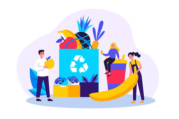 People putting organic food into eco friendly bag with recycling sign. Shoppers with fresh fruits and plastic cup. Vector illustration for sustainable development, zero waste, reuse concept