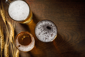 Three Glasses of Light Beer with wheat on the bar counter, copy space for your text