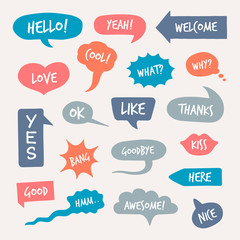 Online chat comments set. Cartoon dialogue and speech bubbles with word inside. Can be used for communication, talk on internet, conversation, discussion concept